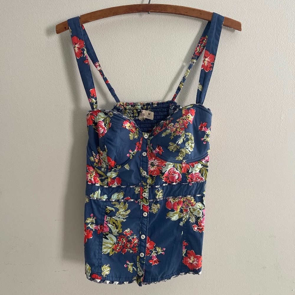 Hollister Floral Bettys Bustier Corset Top M Blue w/Boning 2010s Gingham Cottage